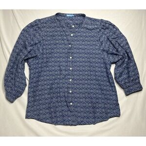 J.McLaughlin Blue White Cotton Silk Blend Print Button Up Top Puff Sleeve Size M